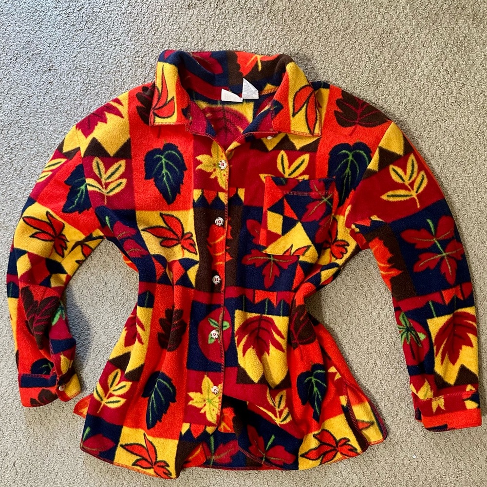 Vintage BCC Large button up jacket all over leaf print fall colors soft & warm